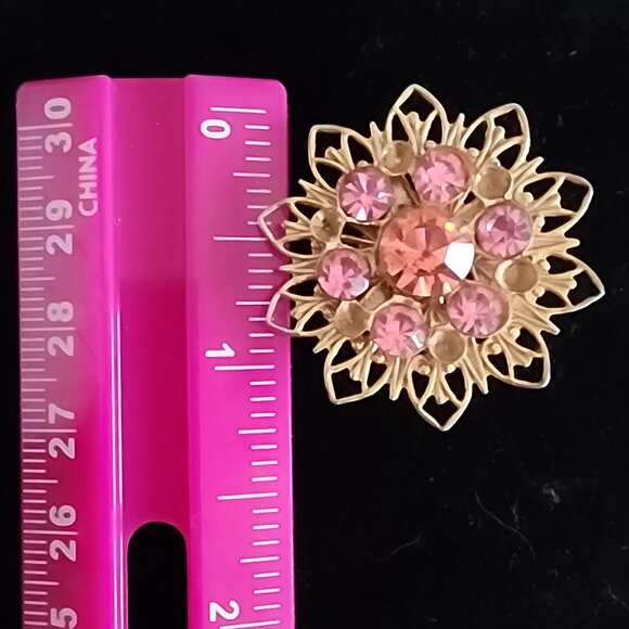 Vintage Pin Brooch w/ Pink Rhinestones-Gold-tone Flower with deep Pink Gemstones - Picture 11 of 11